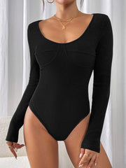 Perfee Scoop Neck Long Sleeve Bodysuit Black - Fashorio