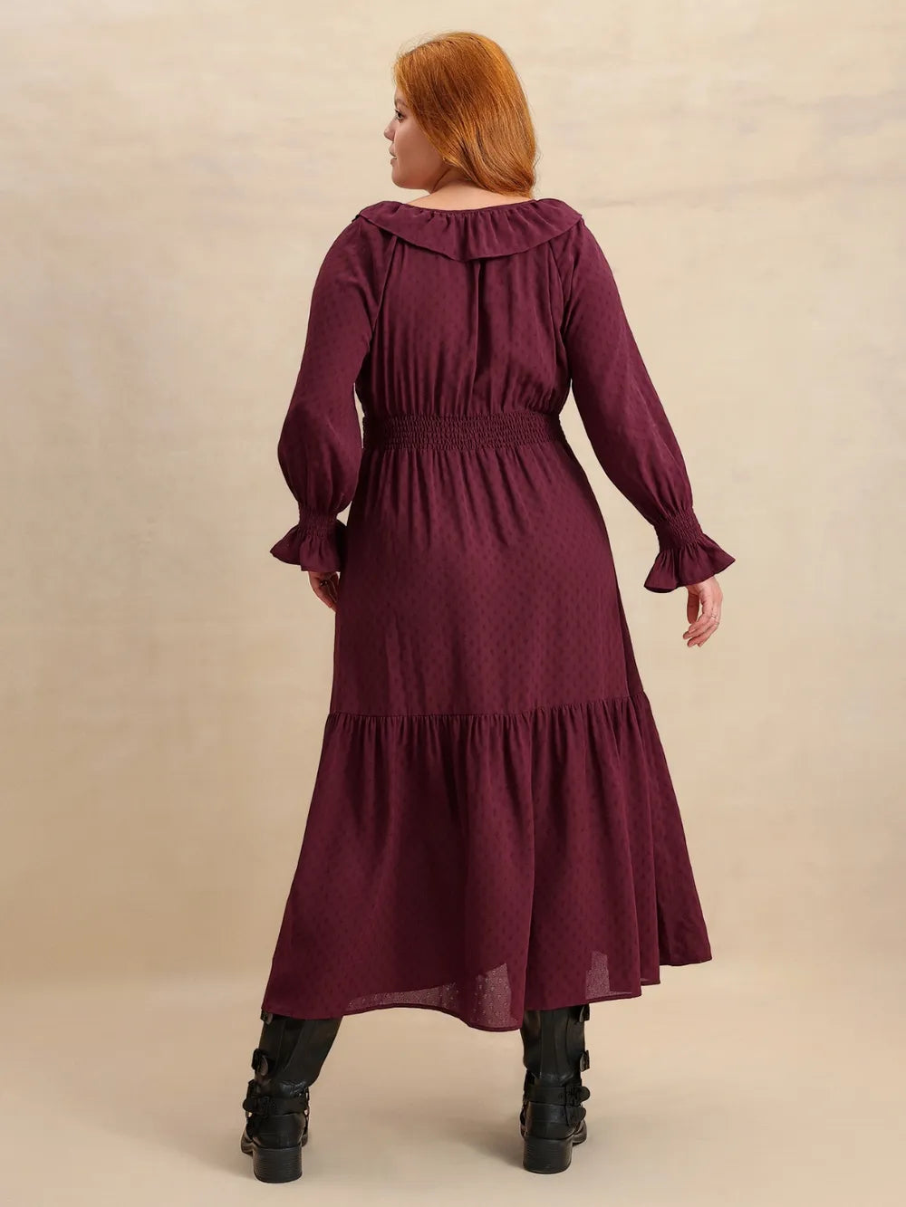 Swiss dot tie neck flounce maxi dress in burgundy neckline detail