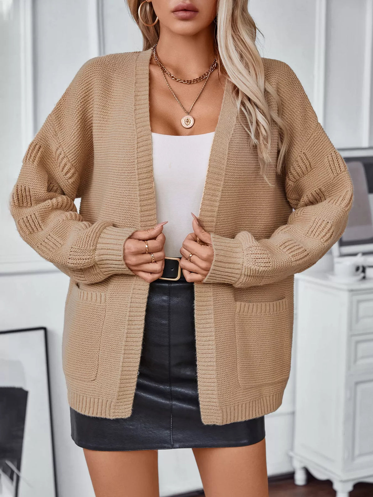 textured knit open front cardigan close up texture
