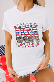 Patriotic Star Leopard USA Letter Graphic T Shirt White - Fashorio