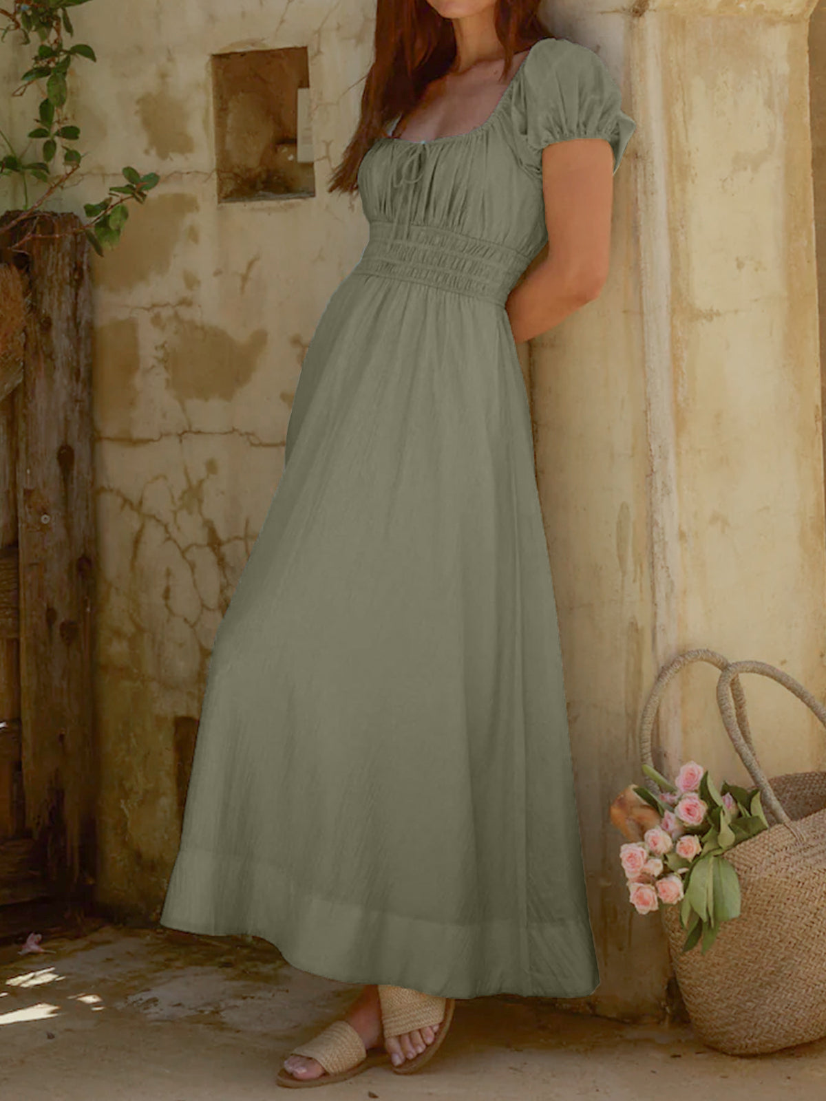 Side view of green puff sleeve dress