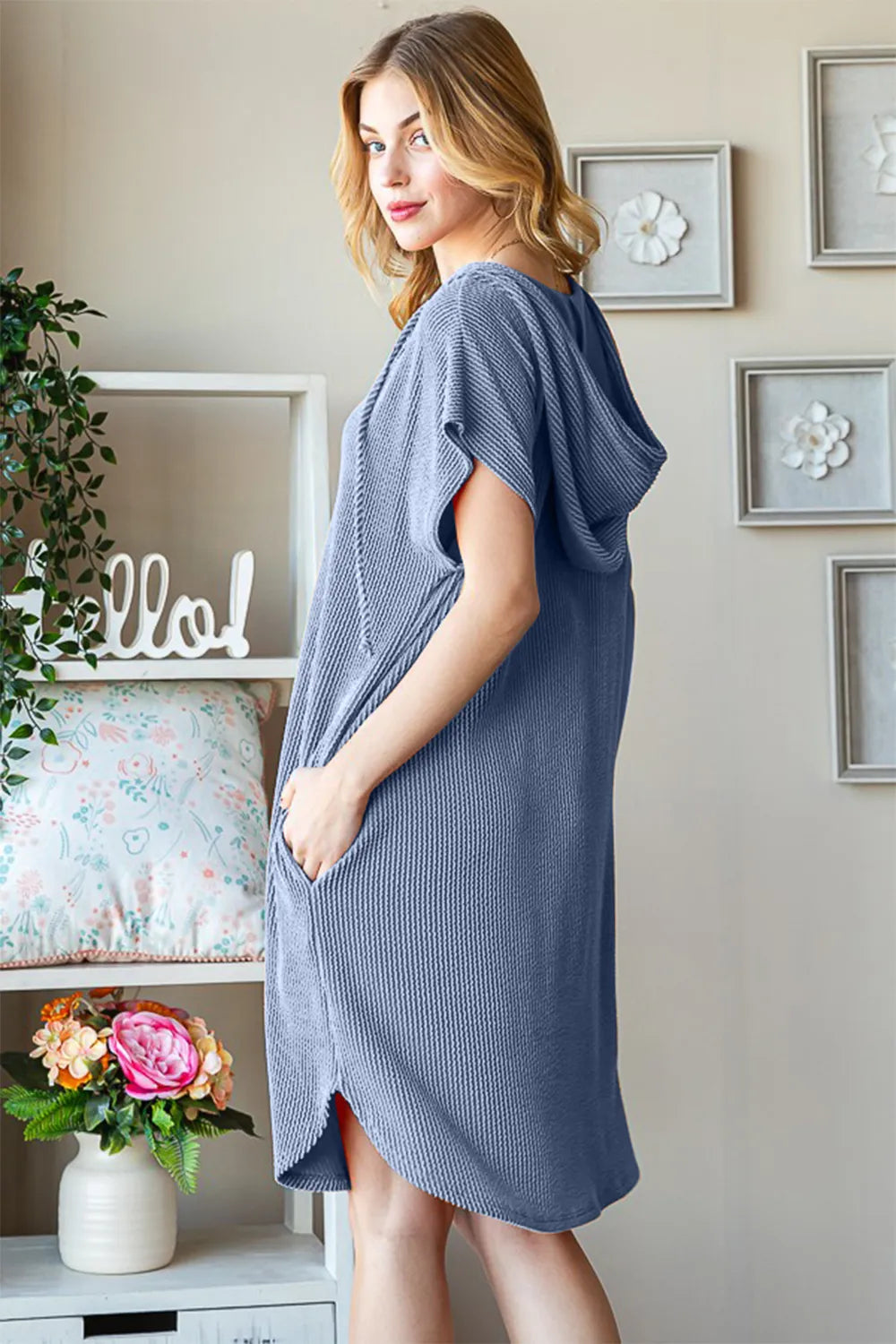 Ribbed Short Sleeve Hooded Dress back view