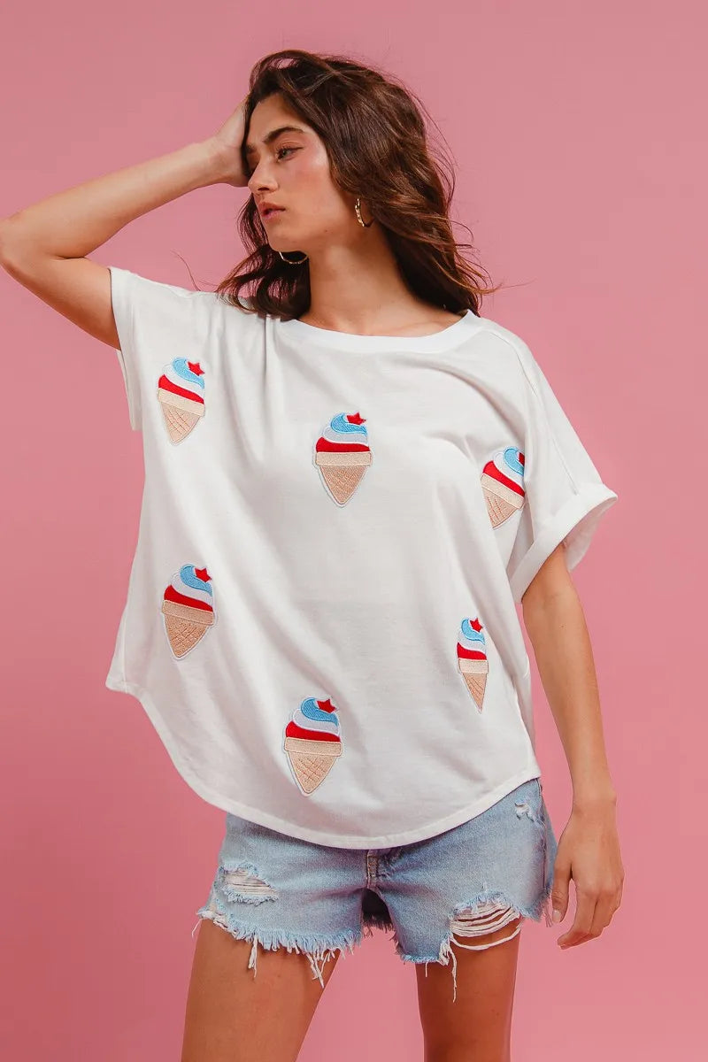 BiBi Solid Terry With Fourth Of July Theme Patched Top - Fashorio
