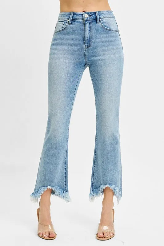 RISEN light wash cropped bootcut jeans front view