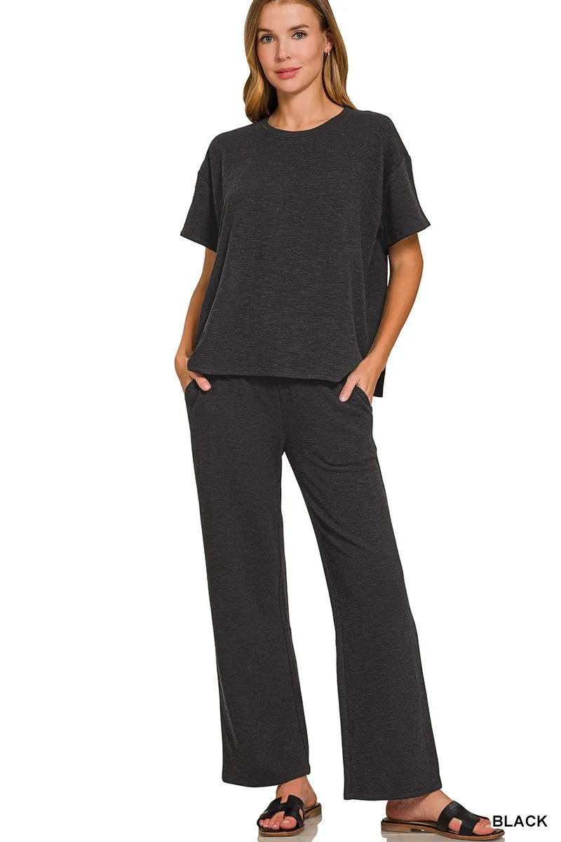 Zenana Slub Short Sleeve T-Shirt and Pants Set BLACK - Fashorio