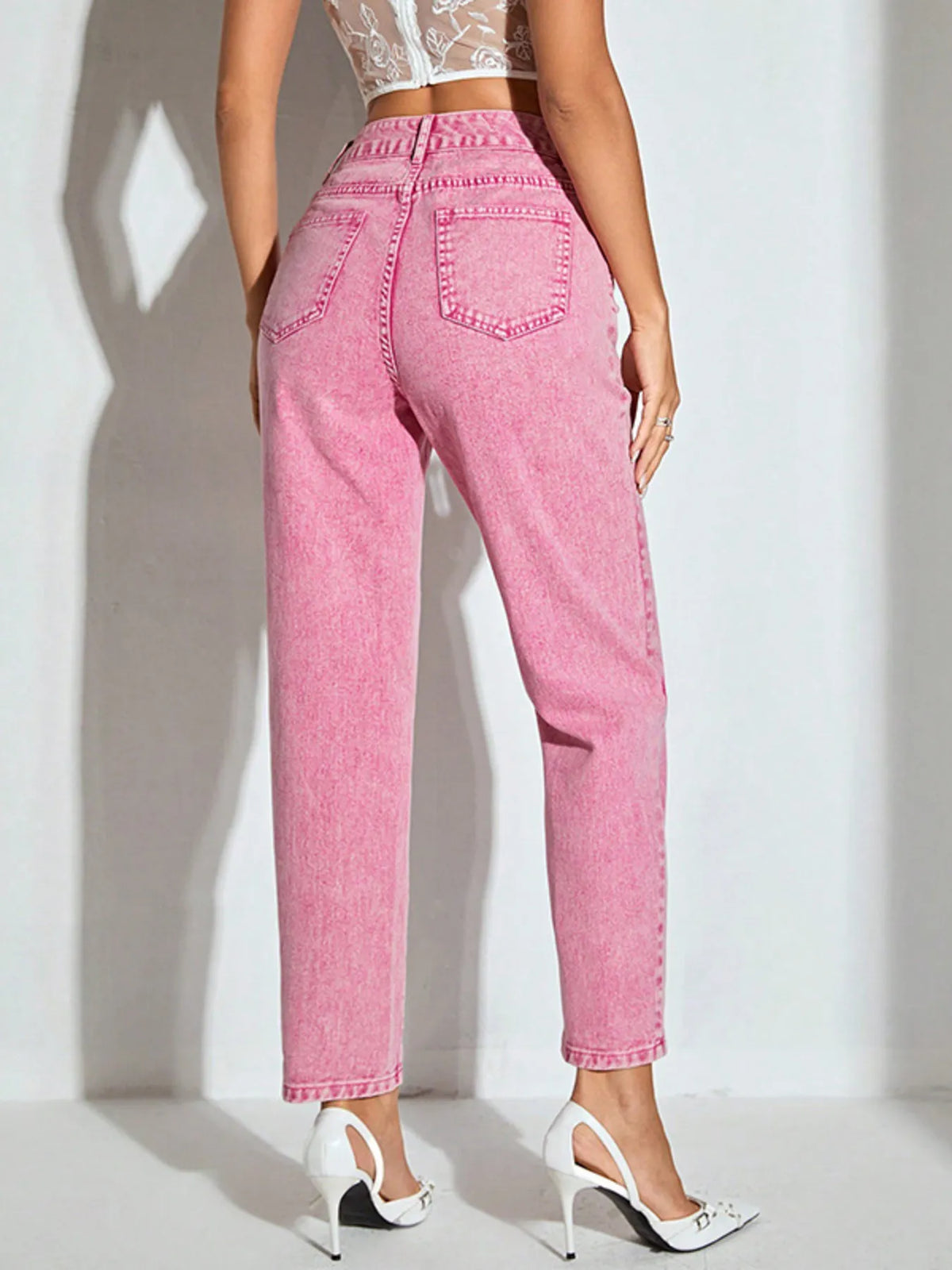 Straight leg jeans in soft dusty pink full length