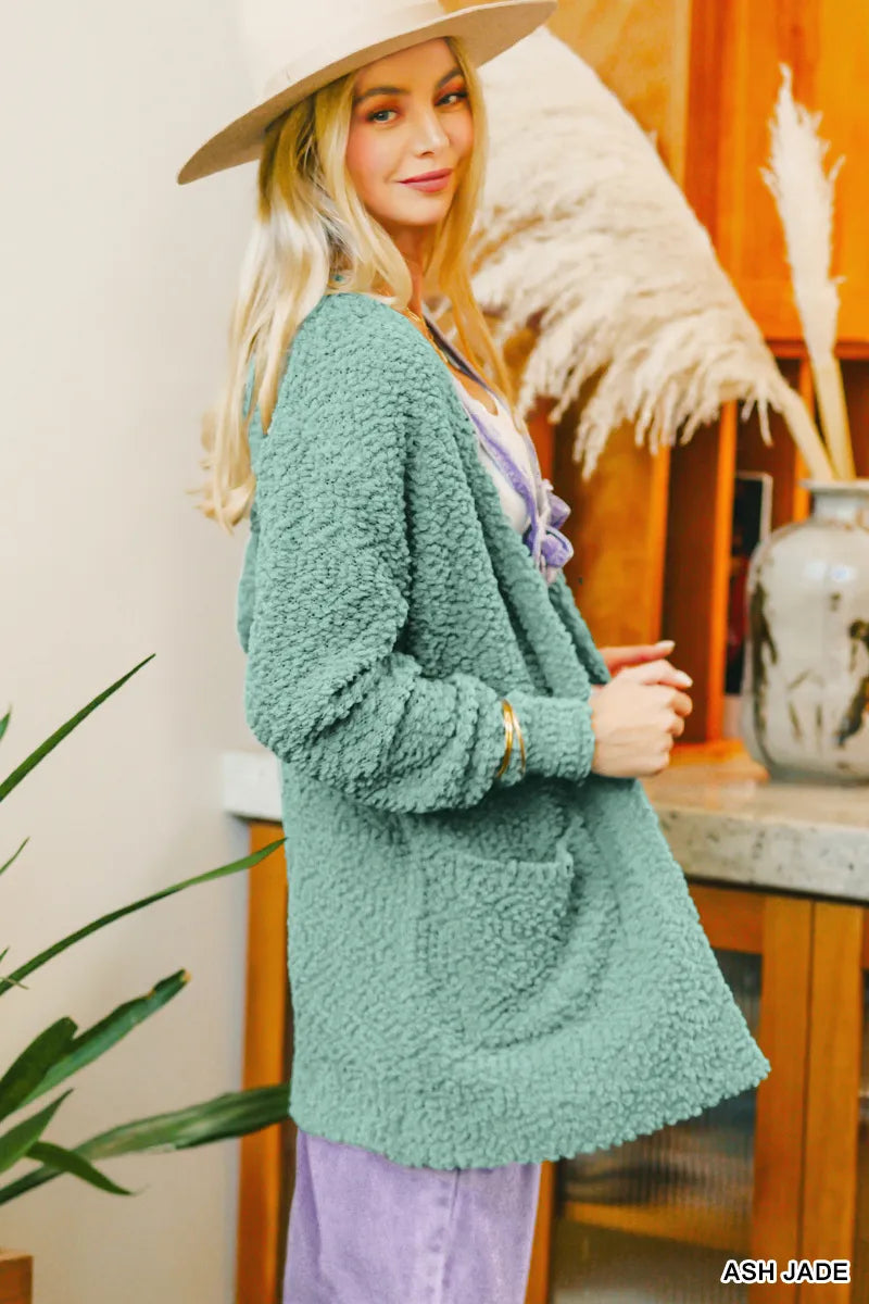 Zenana Long Sleeve Popcorn Sweater Cardigan with Pockets - Fashorio