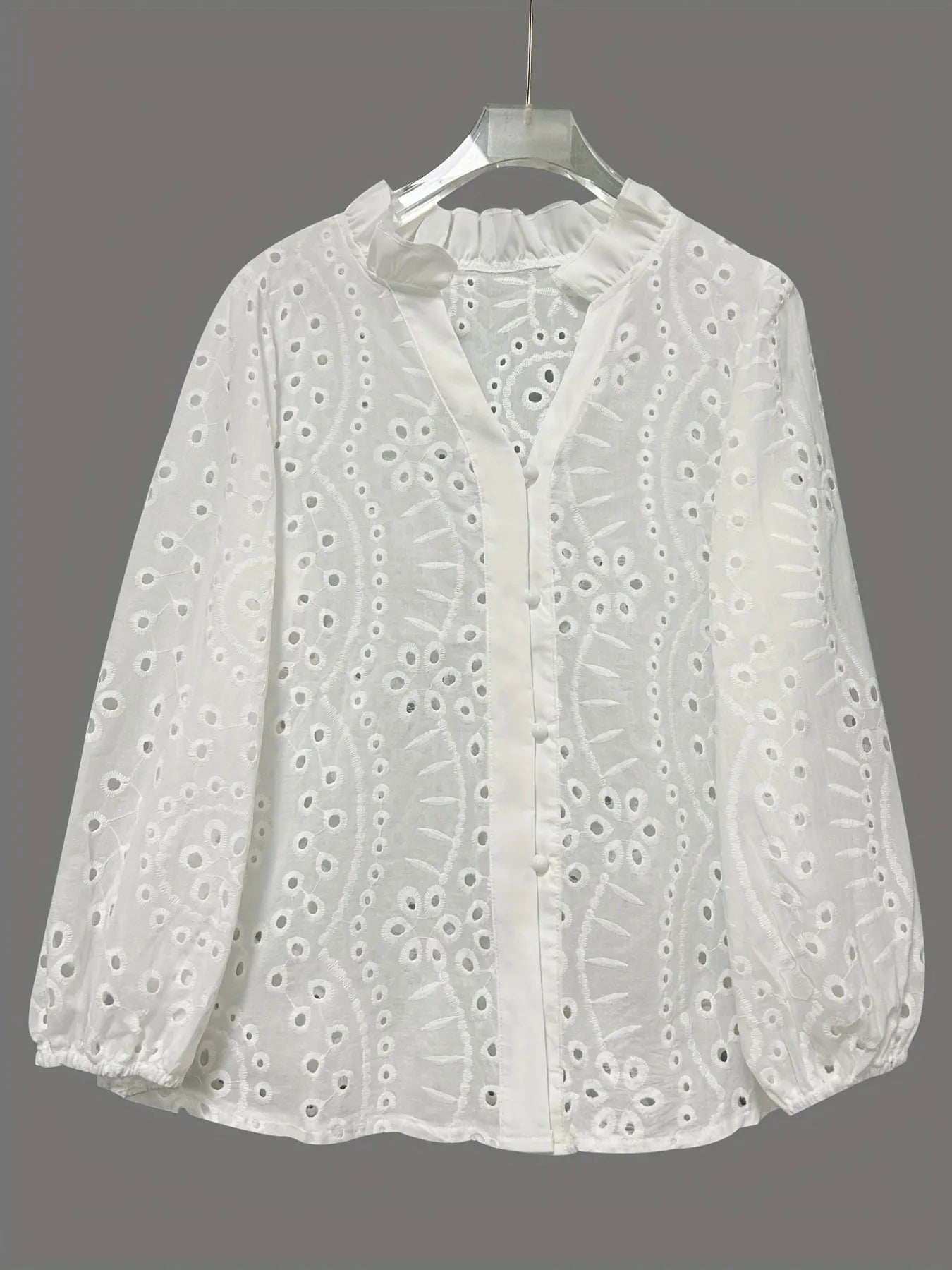 Eyelet Embroidered Button Front Shirt with Puffed Sleeves - Fashorio