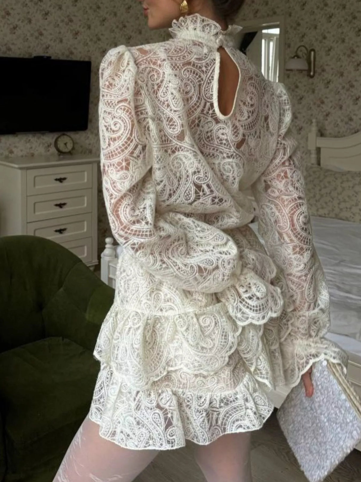 Matching lace long sleeve top and skirt set detail