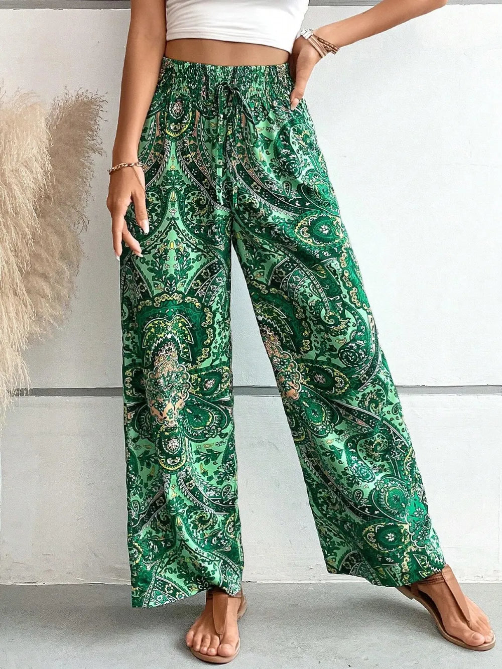 Printed tie waist wide leg pants back drape view