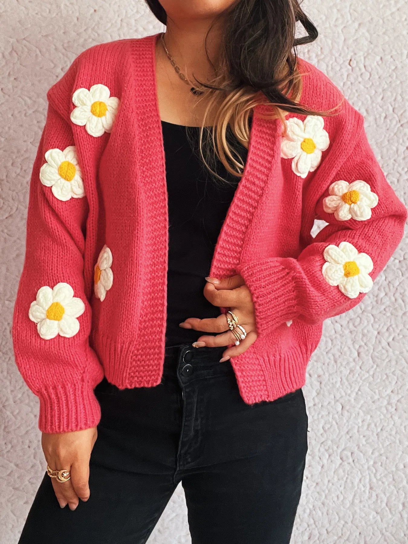 Flower Open Front Long Sleeve Cardigan - Fashorio