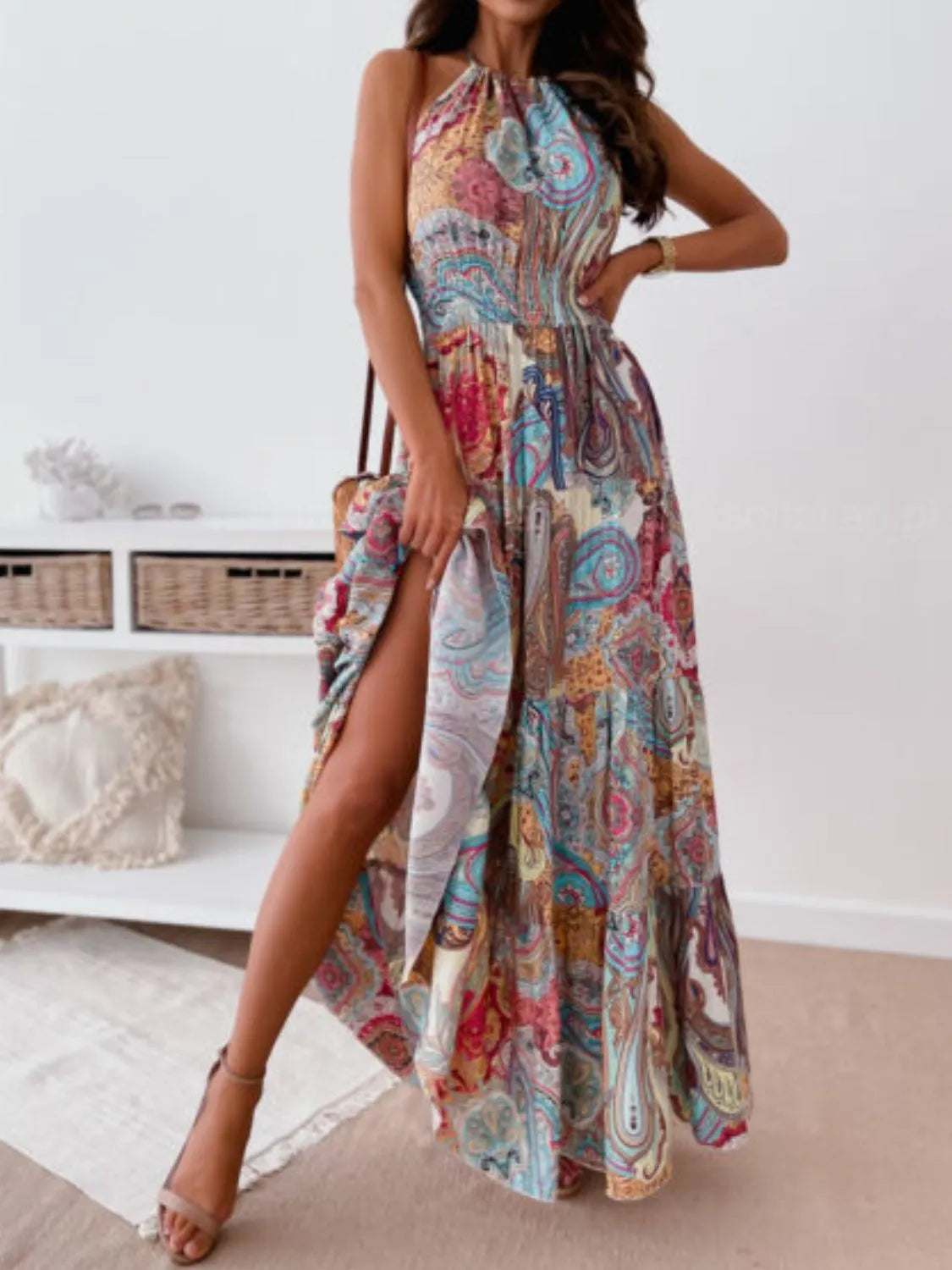 Printed halter neck backless maxi dress, styled look