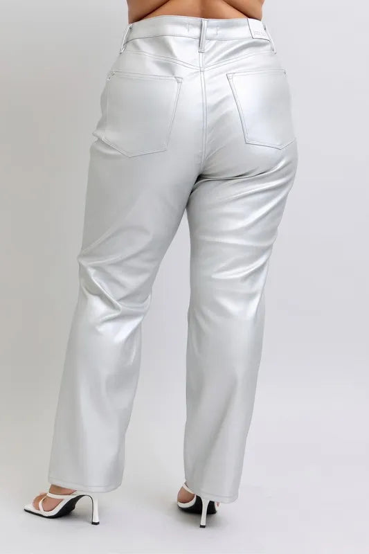 Judy Blue Full Size High Waist Silver Faux Leather Pants Plus Size - Fashorio