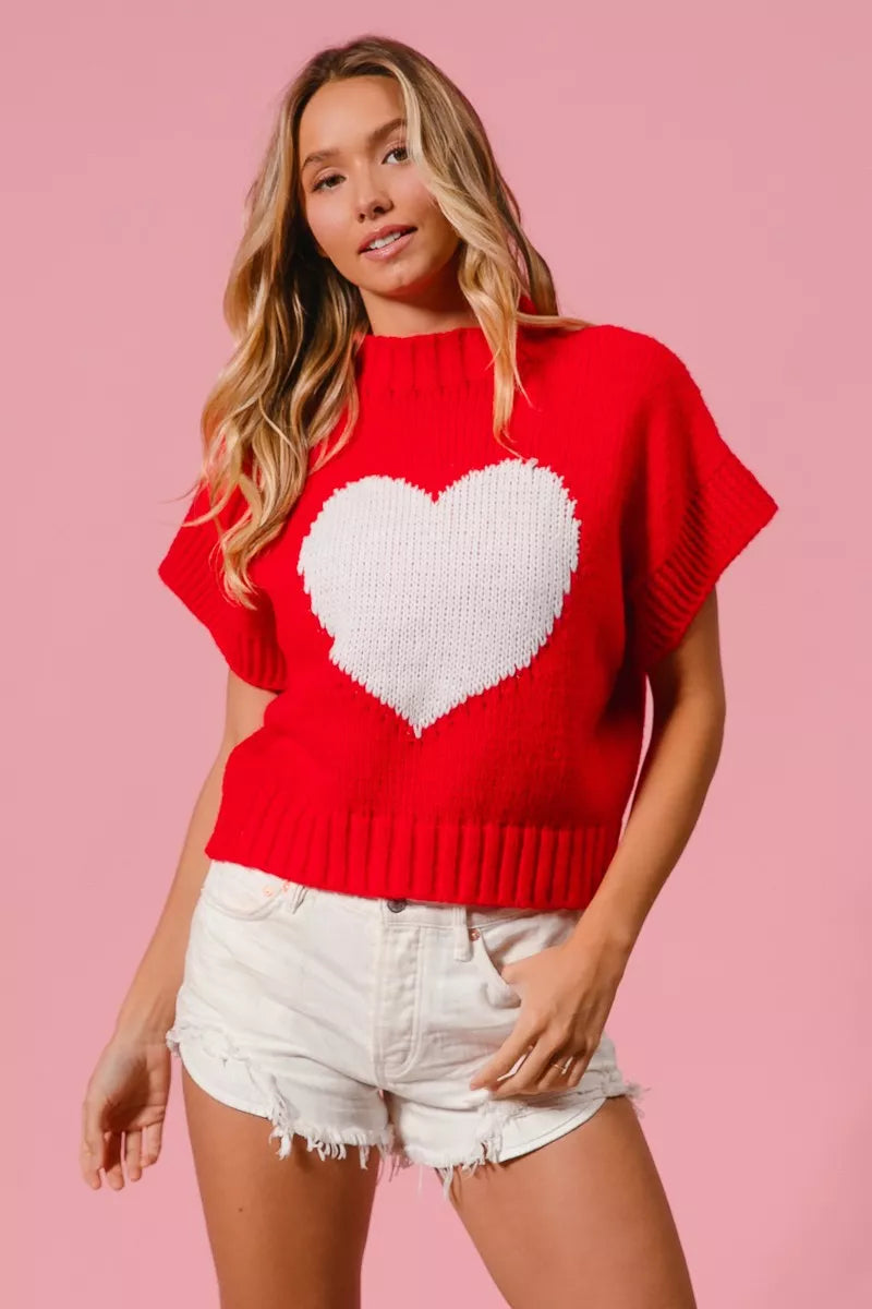 Heart Pattern Rib Banded Sweater in Red and Ivory view 12