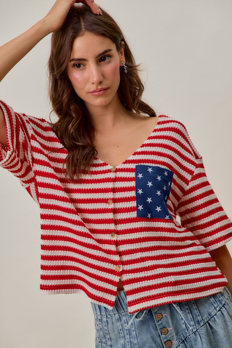 Stripe waffle cardigan sleeve detail