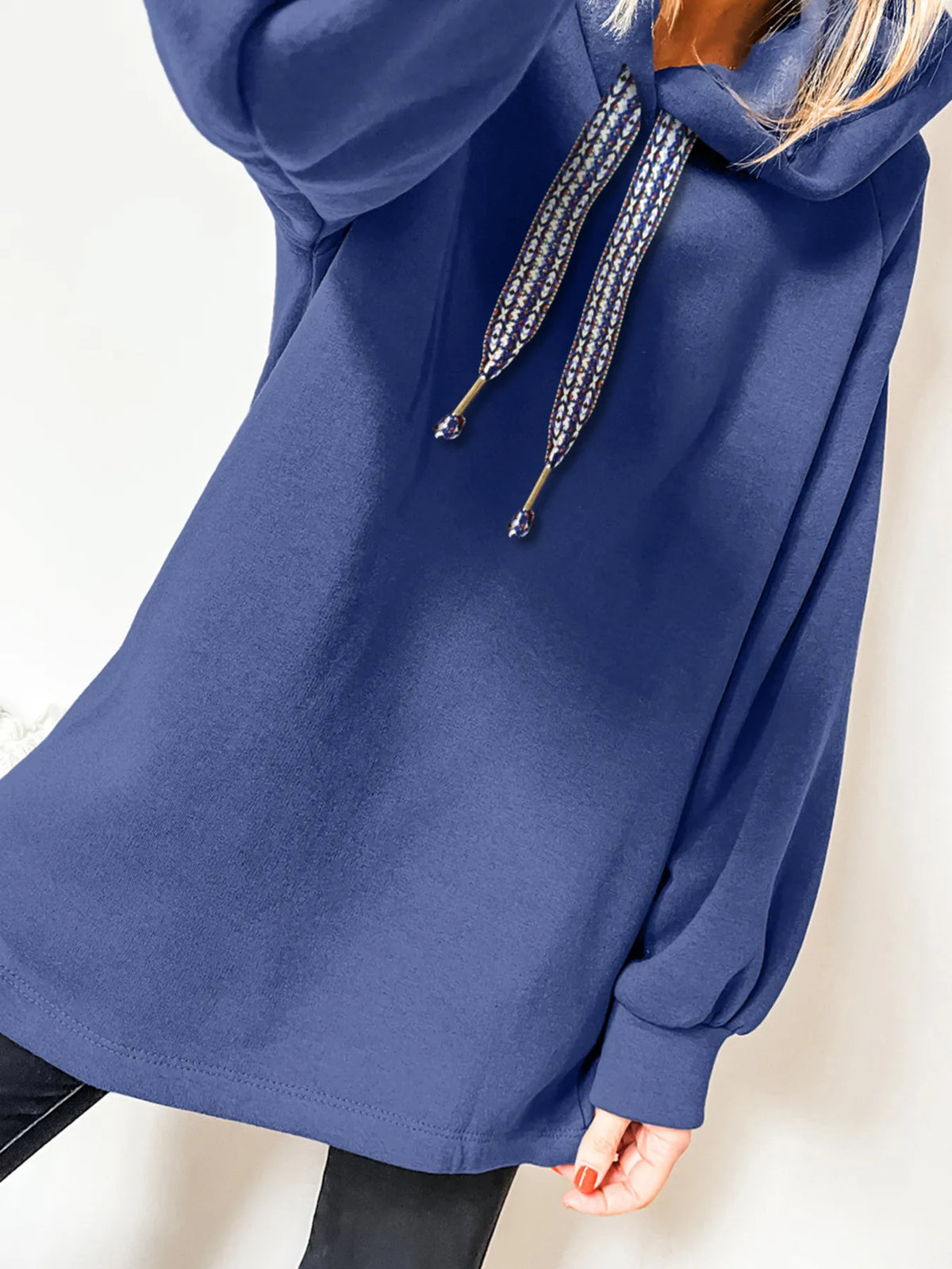 Navy fleece lined tunic hoodie front view