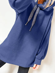 Fleece Lined Adjustable Drawstring Oversize Tunic Hoodie Navy - Fashorio