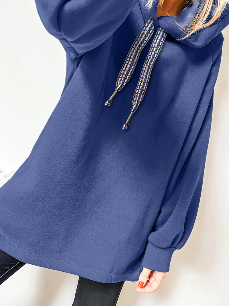 Navy fleece lined tunic hoodie front view