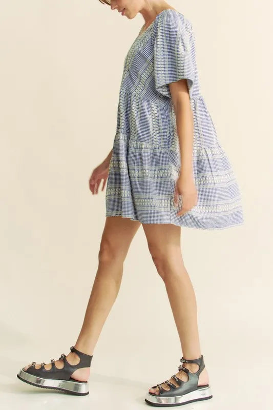 Embroidered Gingham Ruffle Mini Dress in Navy view 8
