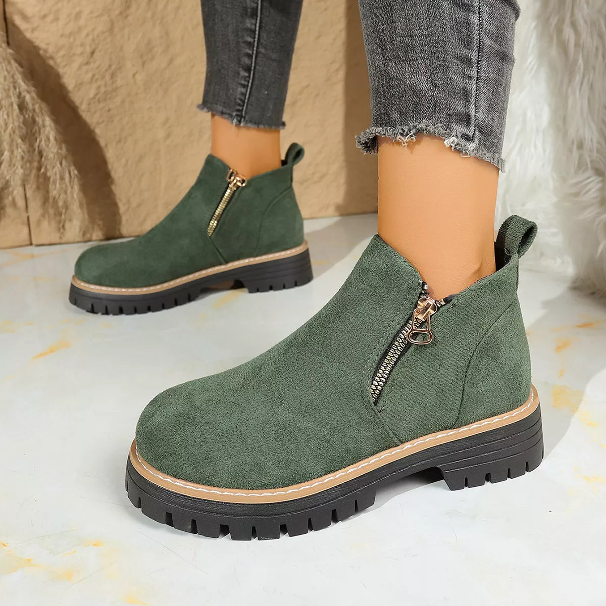Suede round toe platform boots top down view