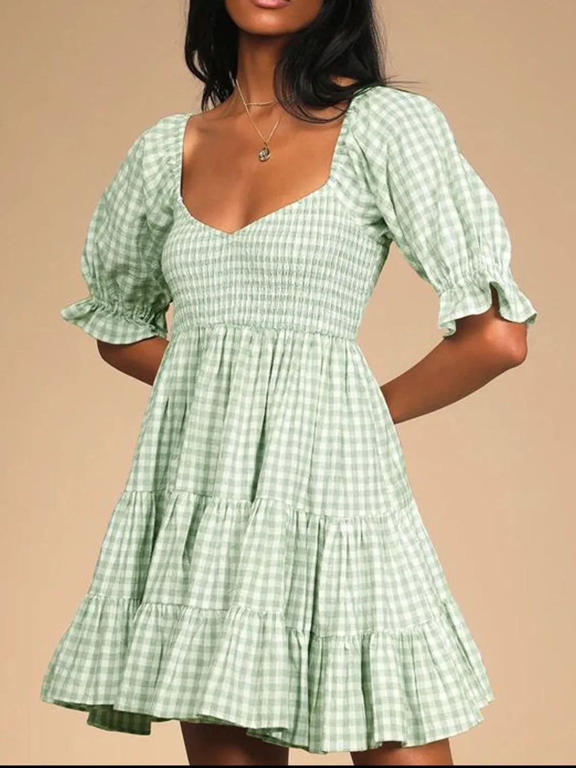 Ruffle Hem Plaid Mini Dress in Light Blue styled look