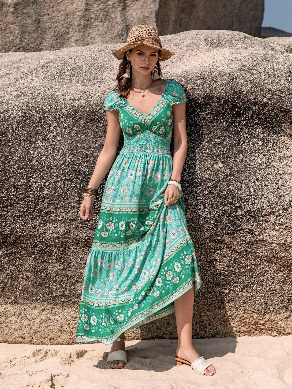 Smocked printed v neck dress back view