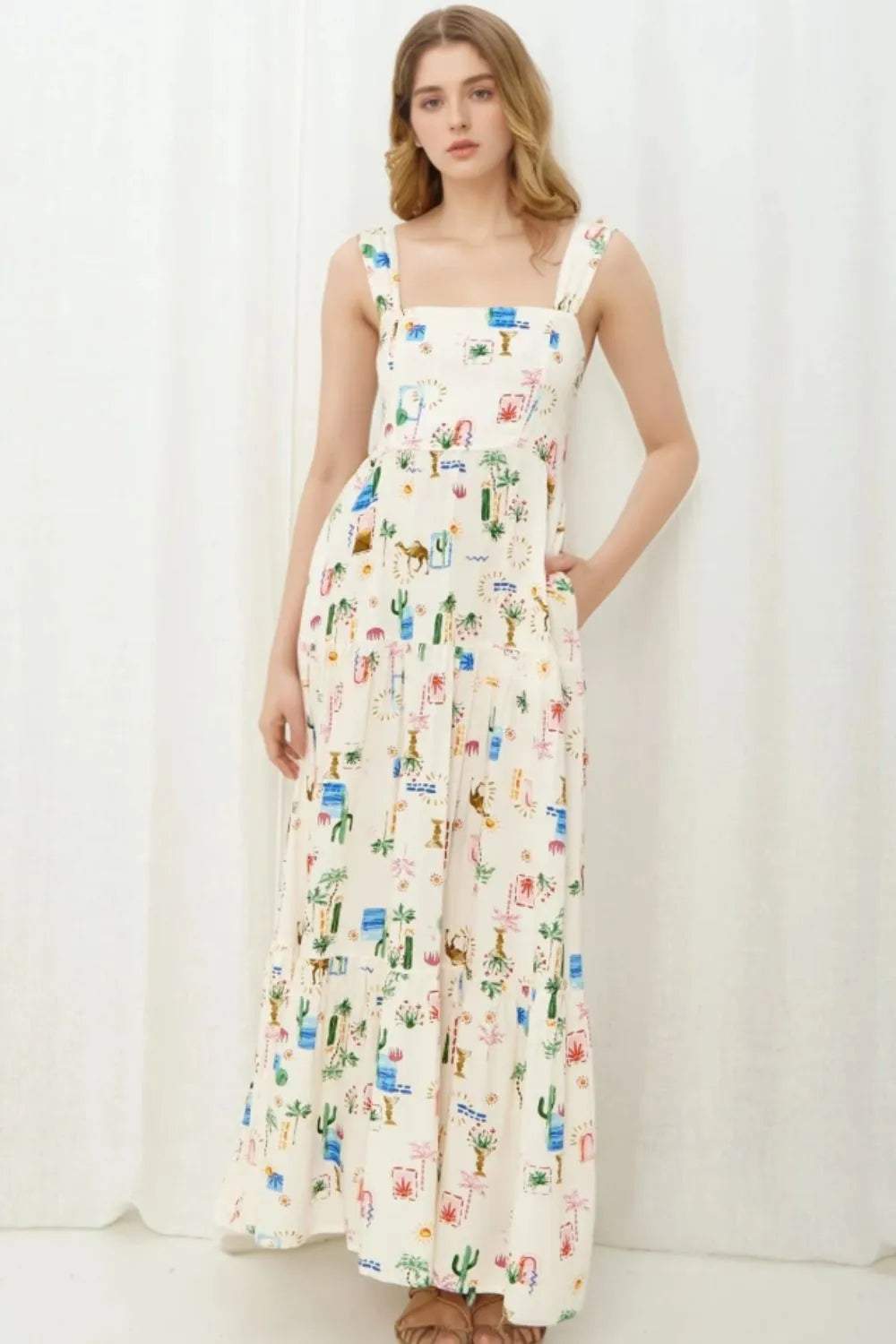 Printed Square Neck Wide Strap Maxi Dress back view