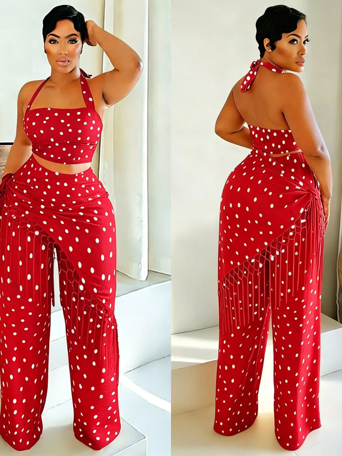 Polka Dot Halter Cami and Fringe Pants Set, view 14