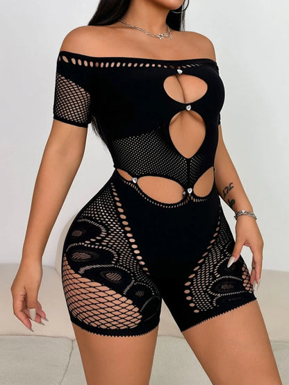 Cutout Off Shoulder Fishing Net Romper - Fashorio