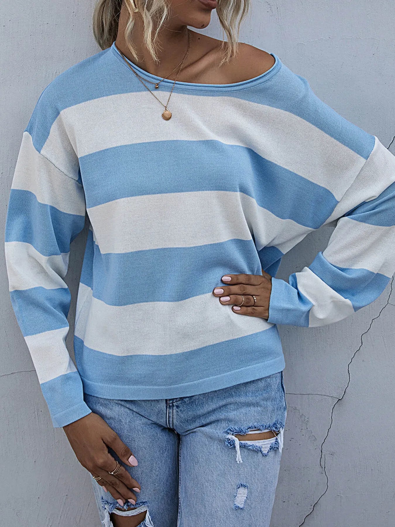 Striped Casual Long Sleeve Knit Top - Fashorio