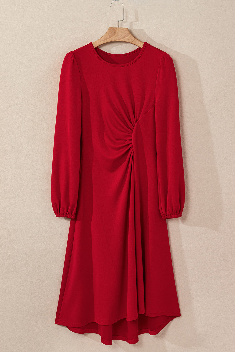 Soft stretchy fabric texture of ruched midi dress