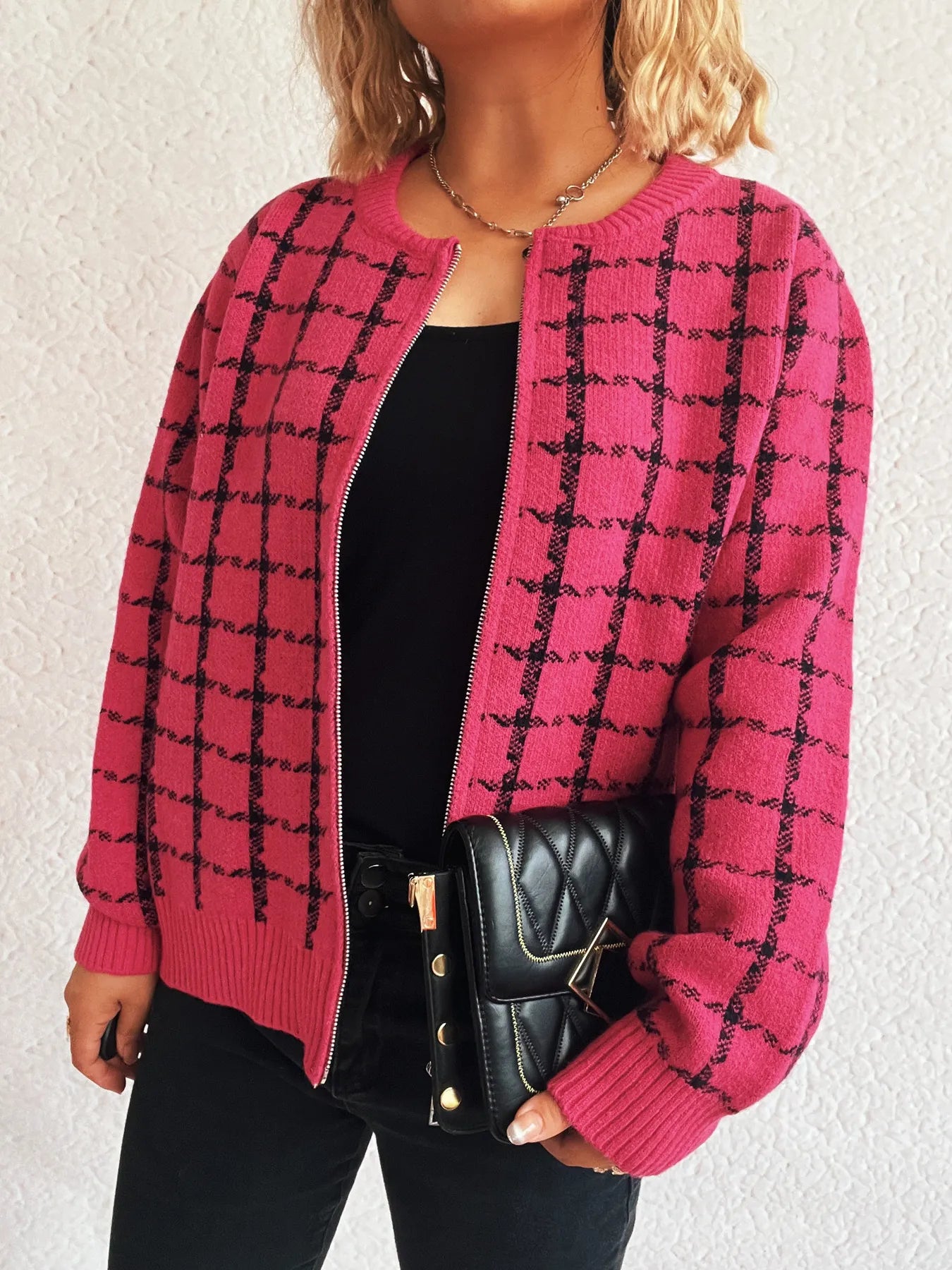 Plaid Pattern Zip Up Cardigan - Fashorio