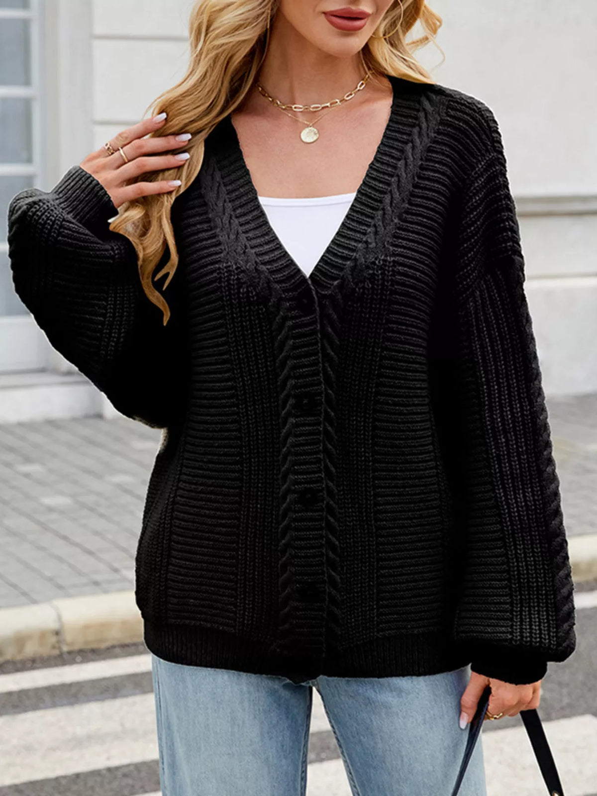 Ribbed button up cardigan full length view