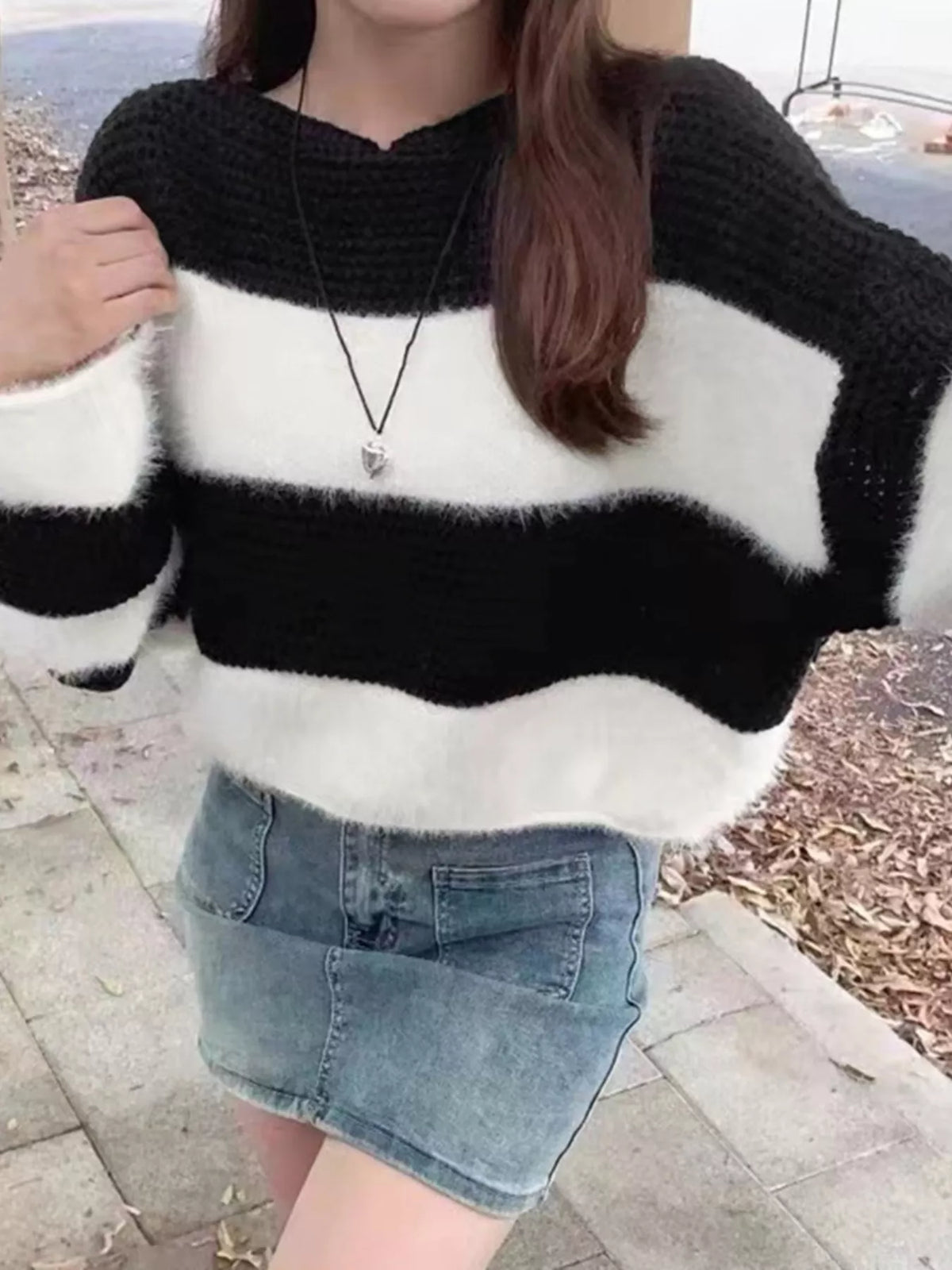 color block drop shoulder sweater full length view