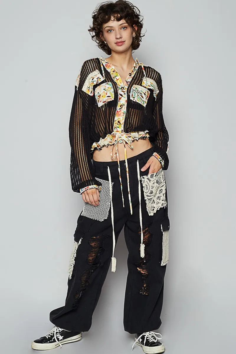 POL Vintage Washed Crochet Hoodie Jacket With Patchwork - Fashorio