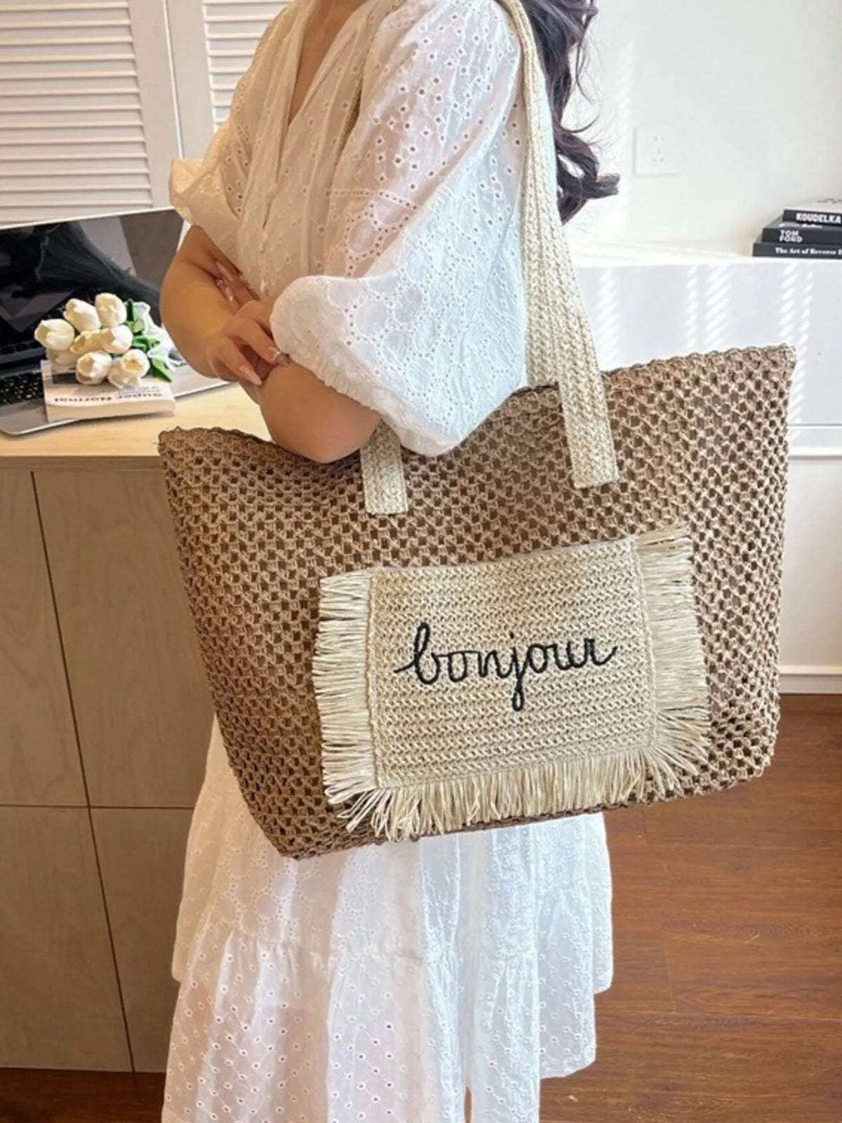 Straw bag showing woven texture close up