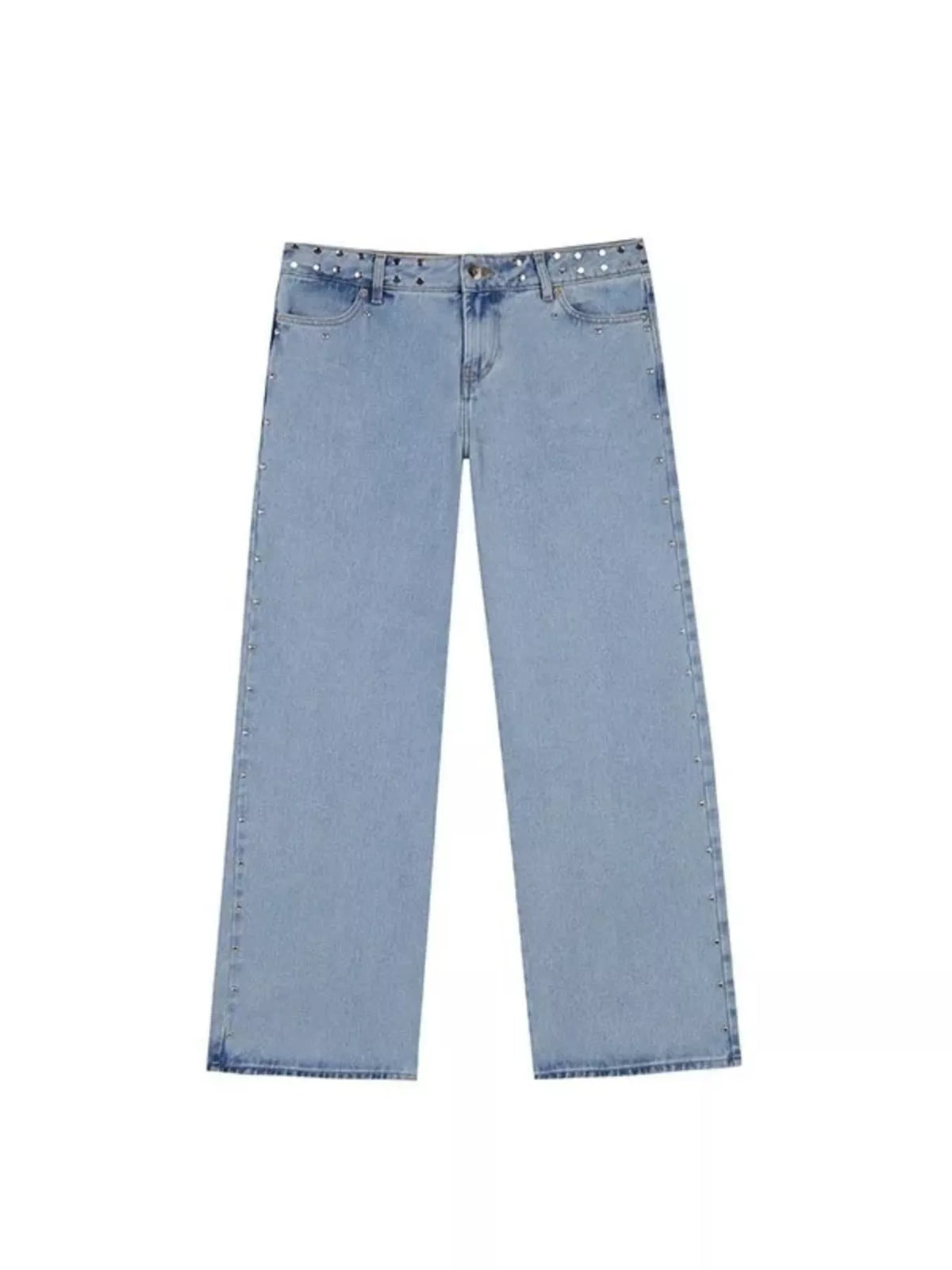 Model wearing patch wide leg jeans