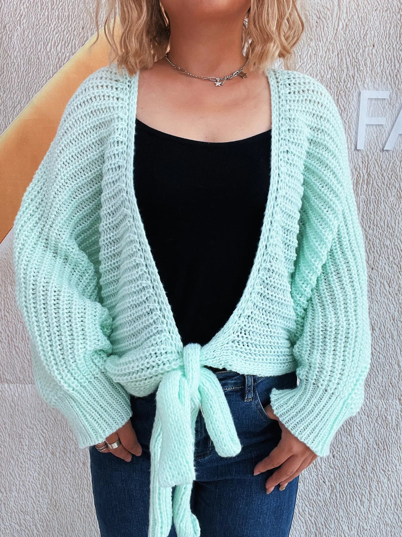 Tie Front Long Sleeve Cardigan Green One Size - Fashorio