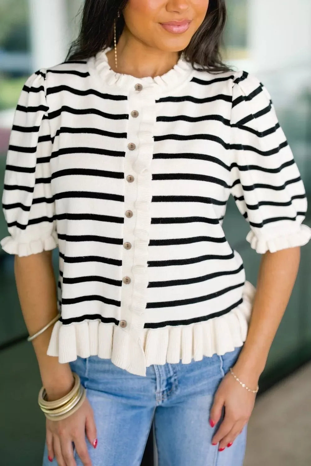 Striped ruffle trim short sleeve cardigan front
