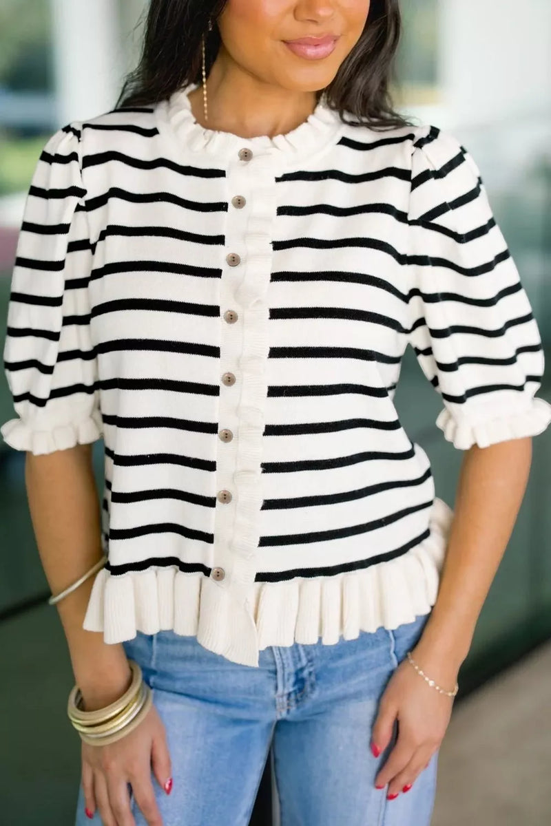 Striped ruffle trim short sleeve cardigan front