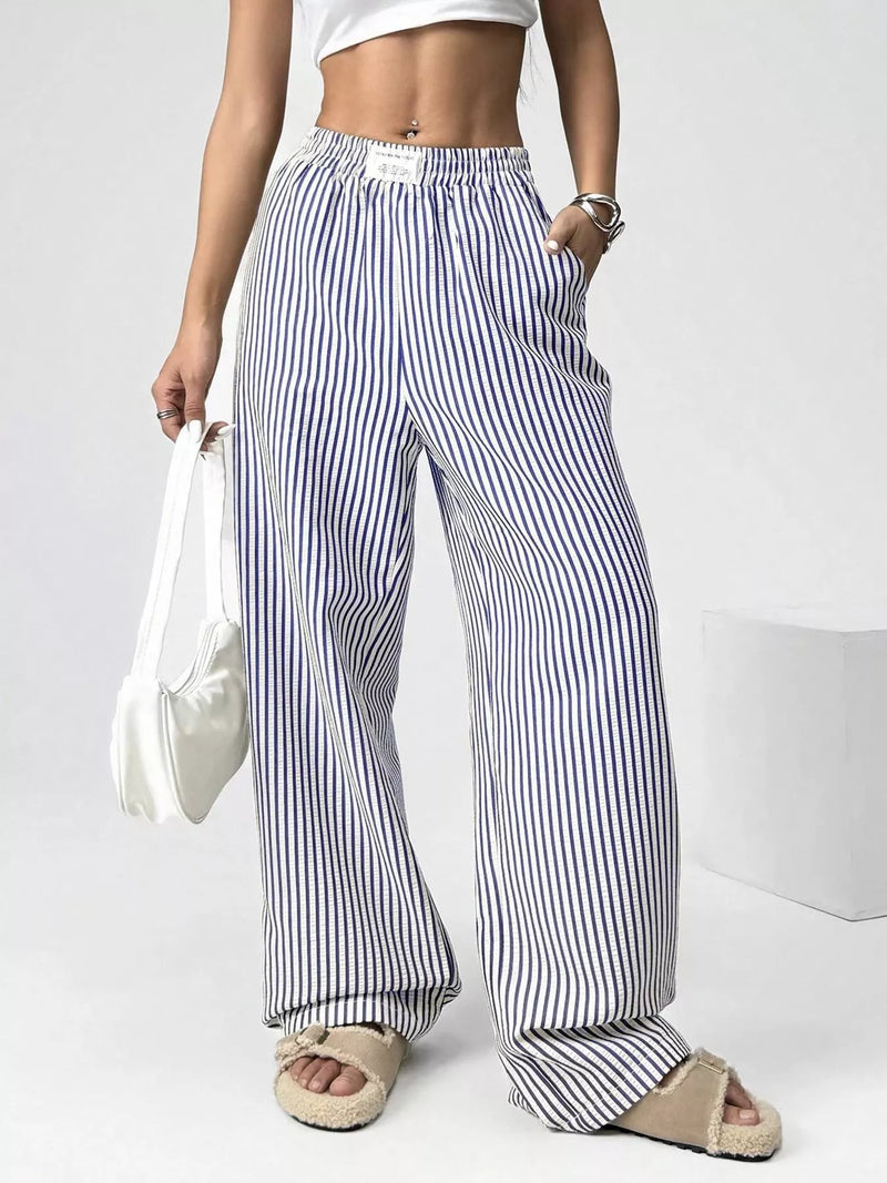 Striped high waist wide leg pants, front view