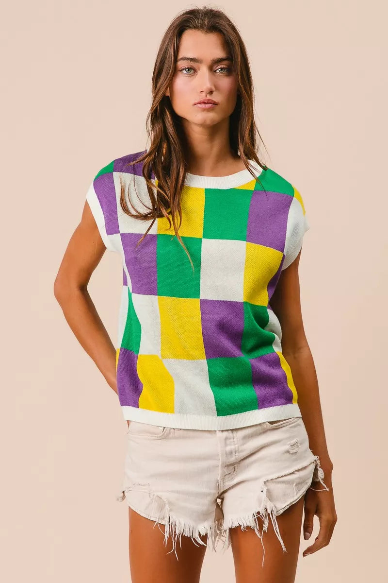 Checker Pattern Sleeveless Sweater Top in Off White view 17