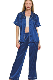 Zenana Satin Short Sleeve Top and Pants Pajama Set LT NAVY - Fashorio