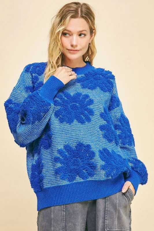 Floral Texture Round Neck Drop Shoulder Sweater in Blue