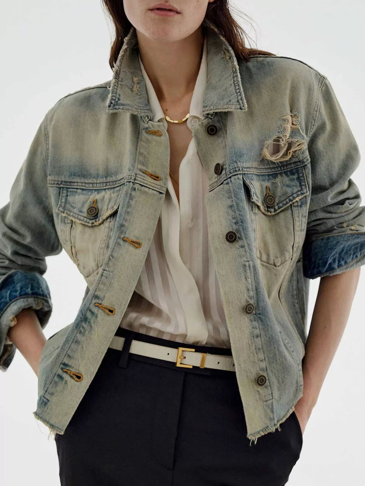 Distressed Wash Denim Jacket in Medium Wash