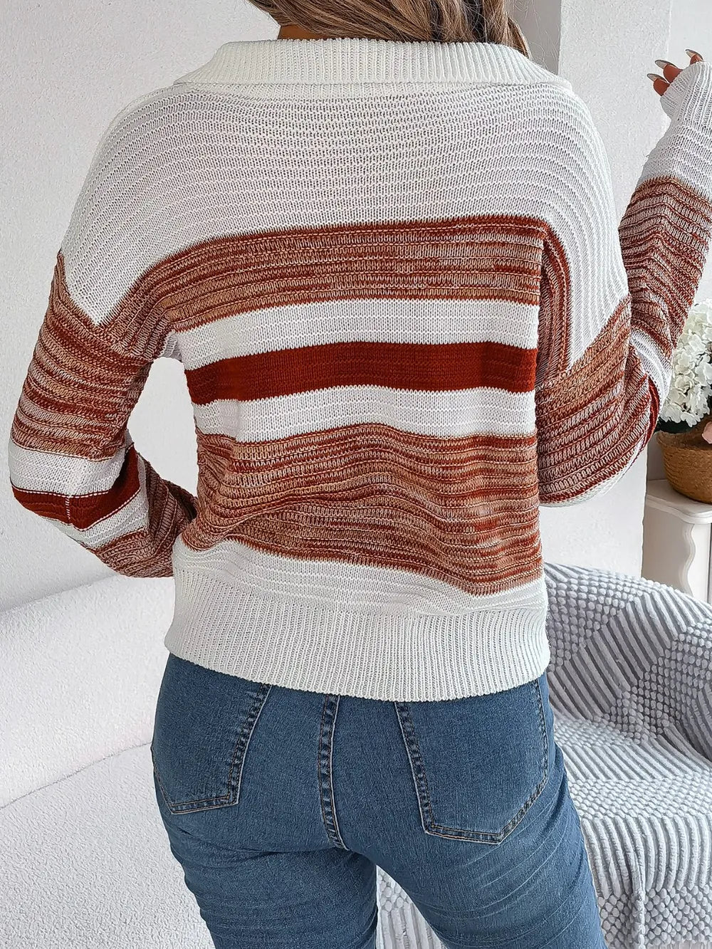 Striped Collared Neck Long Sleeve Sweater - Fashorio