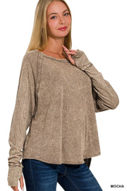 Zenana Crinkle Washed Thumb Hole Cuffs Long Sleeve Top MOCHA - Fashorio