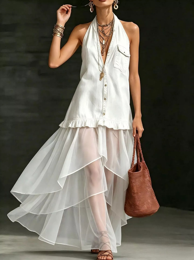 Ruffled halter neck tiered mesh maxi dress front view