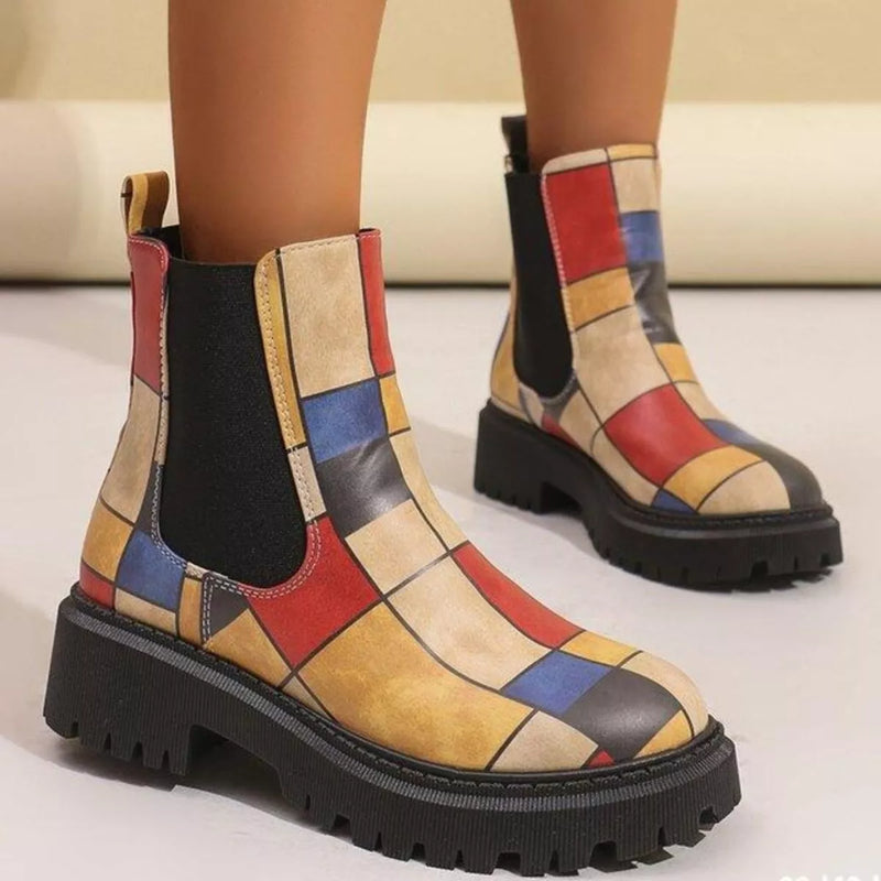 Round toe chunky heel ankle boots front view