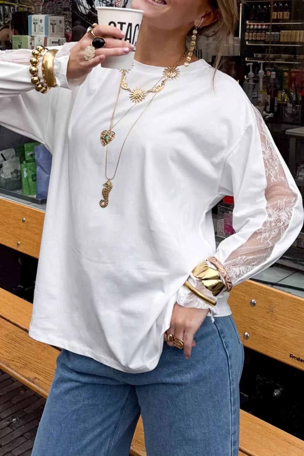 Sleeve detail on the white lace patchwork top